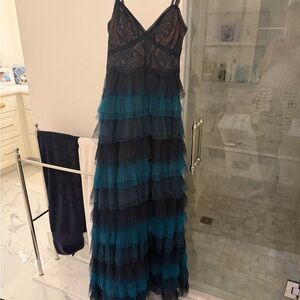 Marchesa Notte Tiered Navy and Teal Lace-Top gown
